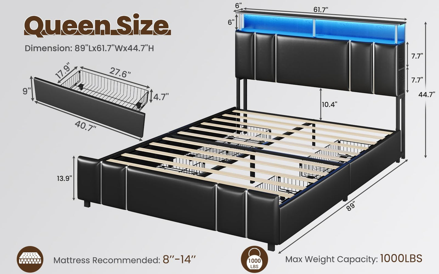 Modern VIAGDO Queen Bed Frame with Bookcase Headboard, LED Lights, Charging Station & Storage Drawers - Black - WoodArtSupply