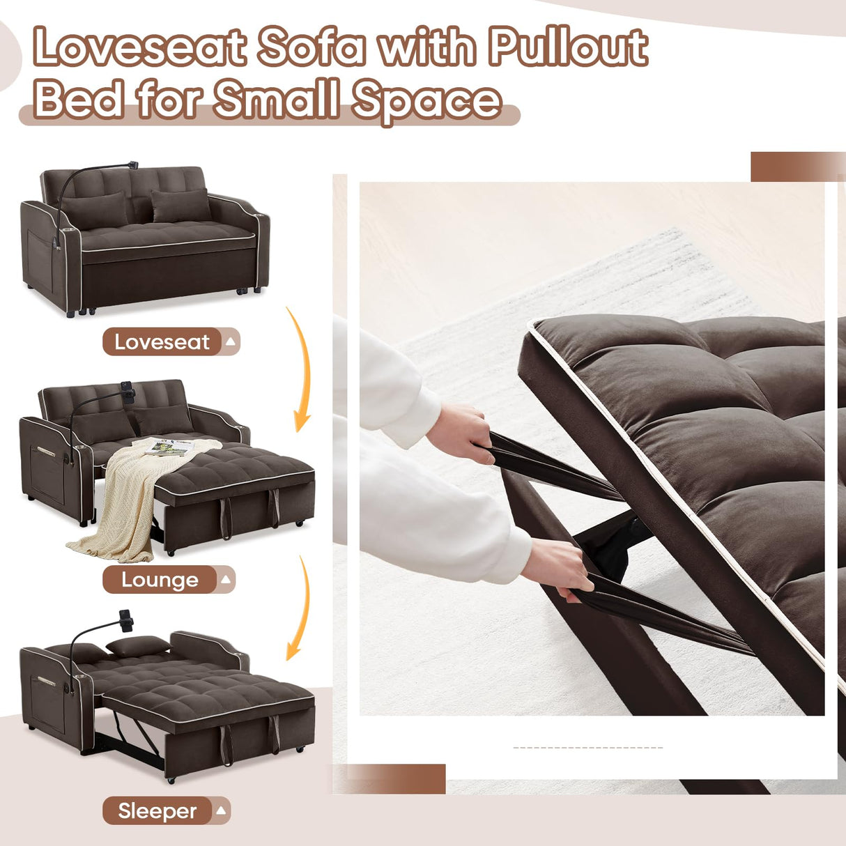 Sleeper Sofa Couch Bed with USB & Type C Port, Modern 3-in-1 Convertible Velvet Pull Out Loveseat Futon Sofa w/Phone Holder/Cup Holder for Living Room Apartment, Adjustable Backrest, Coffee Antetek
