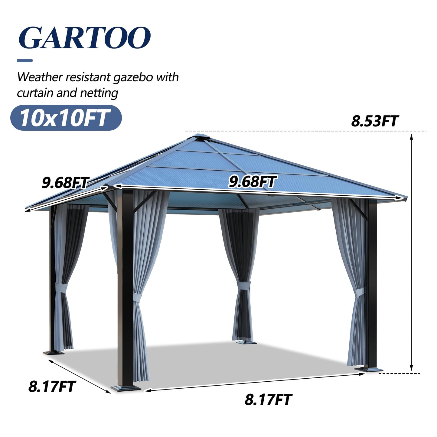 GARTOO 10'x10' Hardtop Gazebo, Outdoor Gazebo with Translucent Roof, Polycarbonate Top Metal Frame Garden Tent with Breathable Mesh and Privacy Curtains for Patio Lawn Garden Backyard, Gray