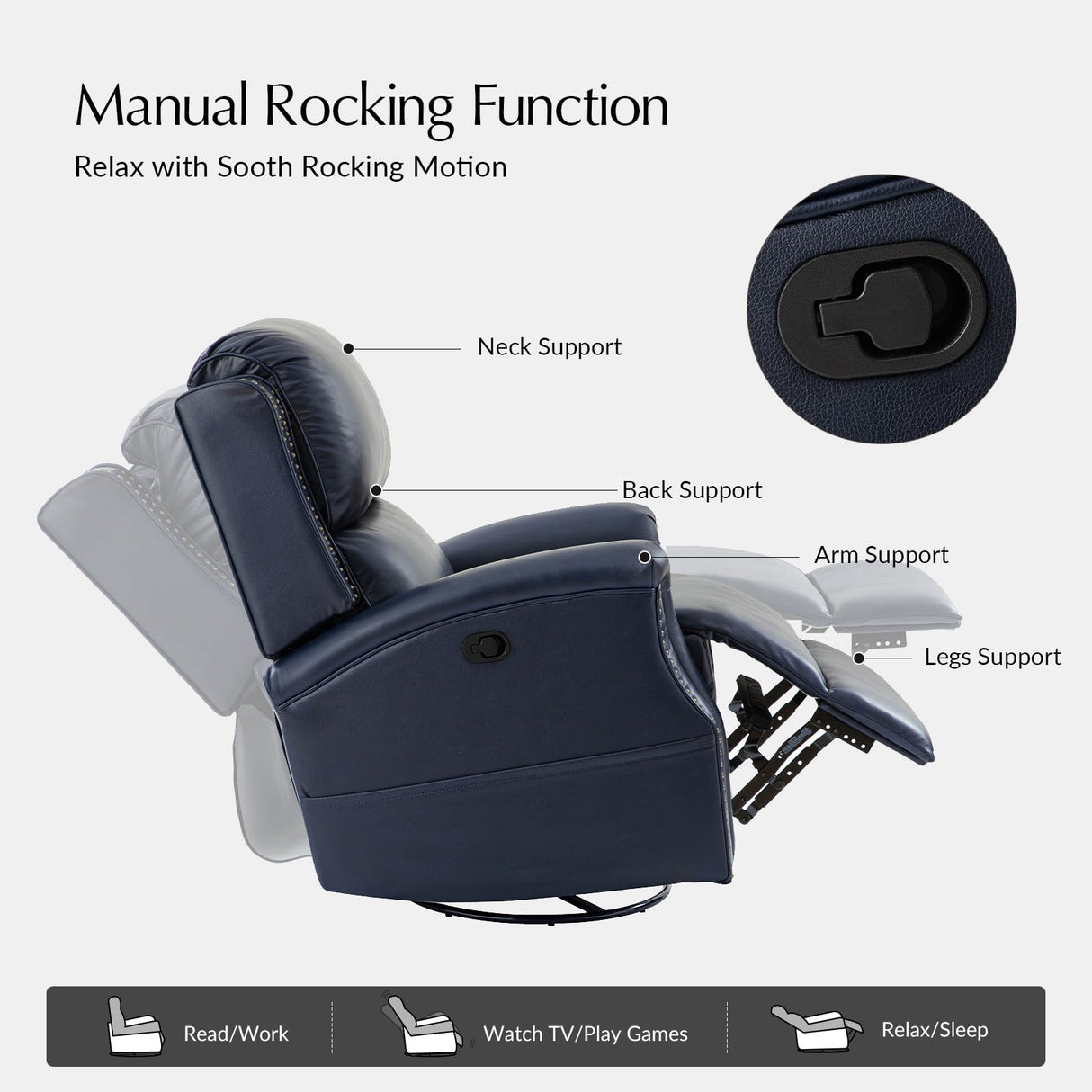 HULALA HOME Genuine Leather Recliner Chair, 360 Swivel Rocker Chair with Thick Seat, Classic Push Back Armchair with Backrest, Nailhead Trim, Navy HULALA HOME