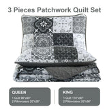Dobuyly Grey Black Quilt Set Queen Size, Boho Plaid Patchwork Bedspreads Coverlet Set, 3 Pieces Soft Lightweight Microfiber Farmhouse Quilt Bedding Set for All Seasons 96"x90" Dobuyly