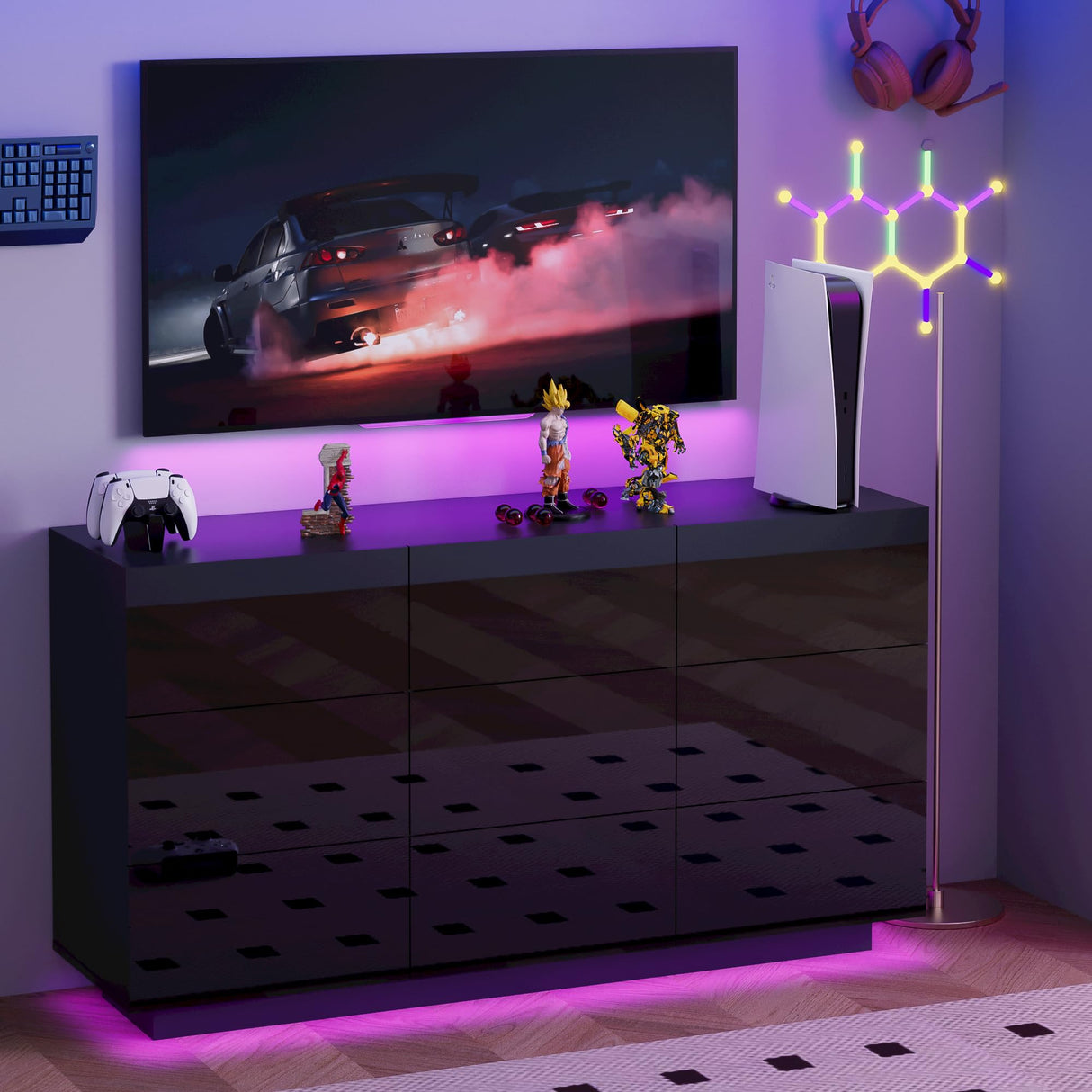 Anbuy LED 9 Drawer Dresser, Black Modern Dresser with High Gloss Drawers Dual Chest of Drawers with Lights for Bedroom (Black) Anbuy