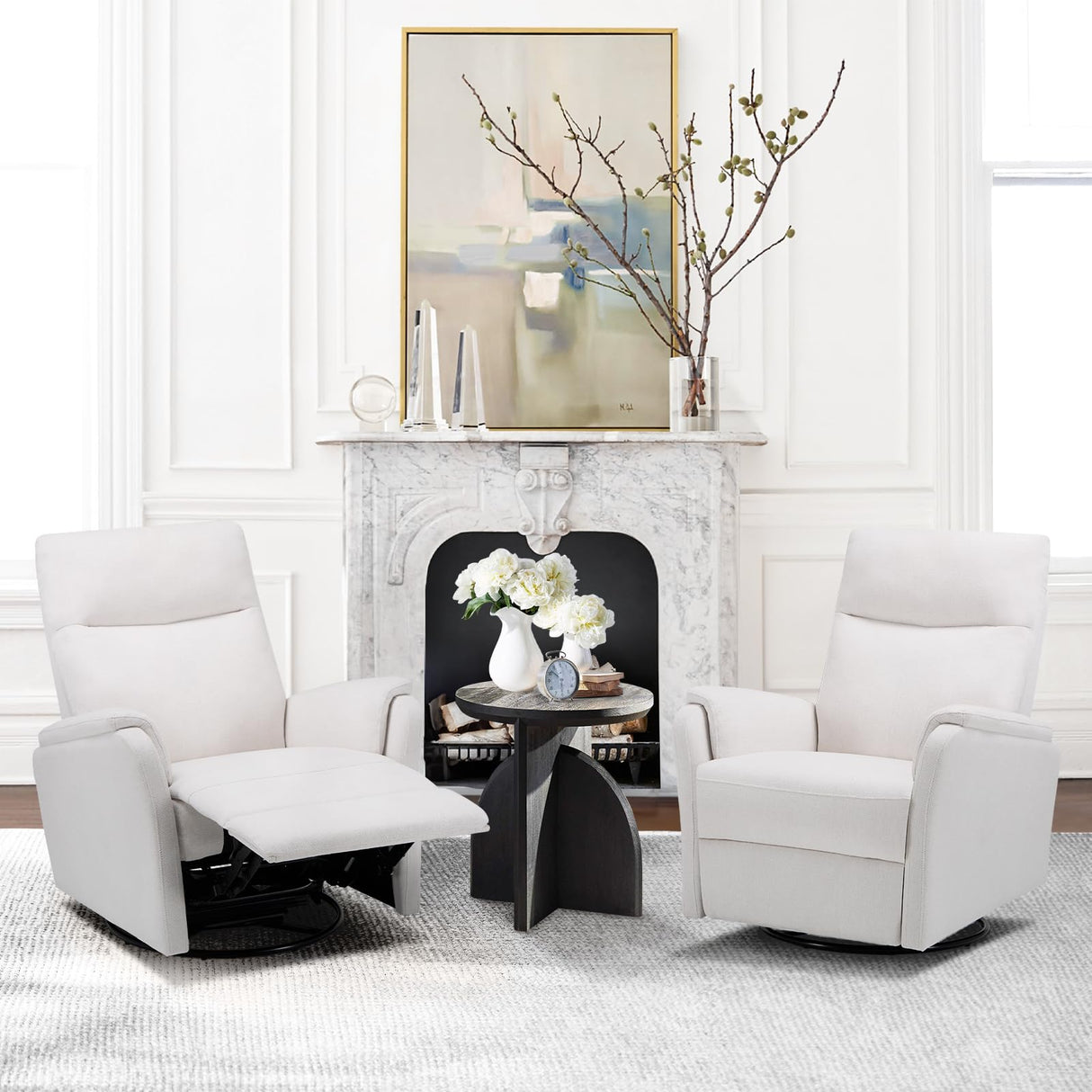 COLAMY Swivel Rocking Recliner Chair, Nursery Rocker Glider Recliner with Extra Large Footrest, Deep Seat, High Back, Upholstered Fabric Reclining Single Sofa for Living Room-White COLAMY