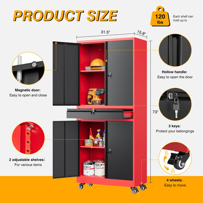 Metal Storage Cabine，73" Tall Garage Storage Cabinet，with 2 Tier Shelves and Locking Rolling Tool Storage Cabinet，for Garage Home，Kitchen，Office，Utility Room，Warehouse (Red Black, 73"H -Wheels)