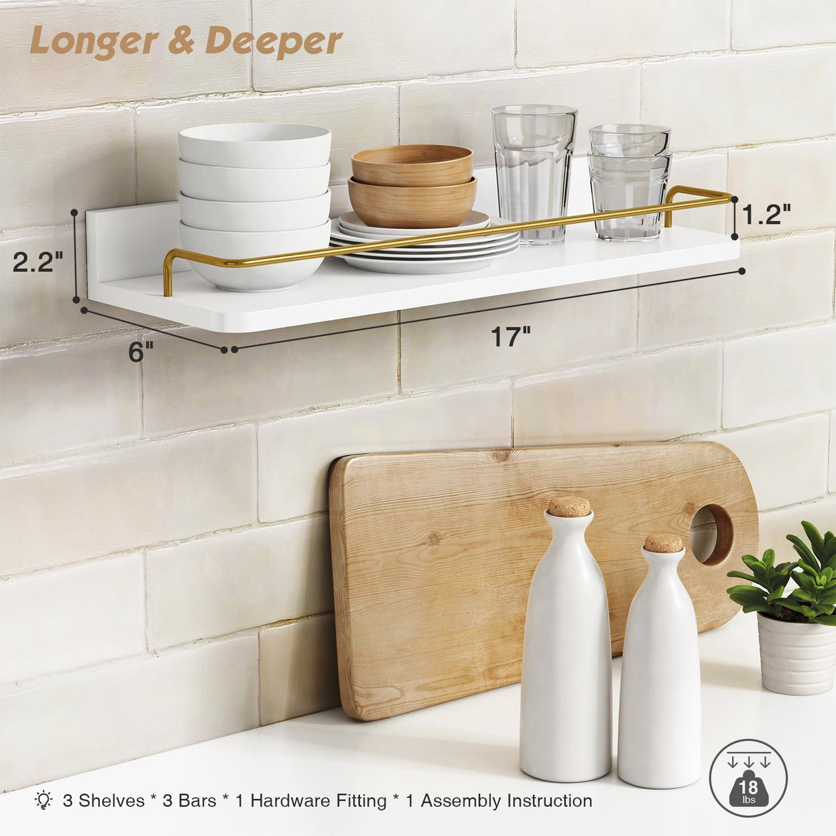 Forbena Gold Floating Shelves for Wall Decor Set of 3, Bathroom Shelves Over Toilet, Modern Display Wall Shelf with Guard Rail for Living Room Bedroom Organizers and Storage - White and Gold Forbena