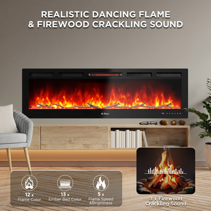 TURBRO 60” Smart WiFi Infrared Electric Fireplace with Sound Crackling and Realistic Flame, 1500W Quartz Heater, Recessed or Wall Mounted, Adjustable Flame Effects, Remote Control and App, in Flames