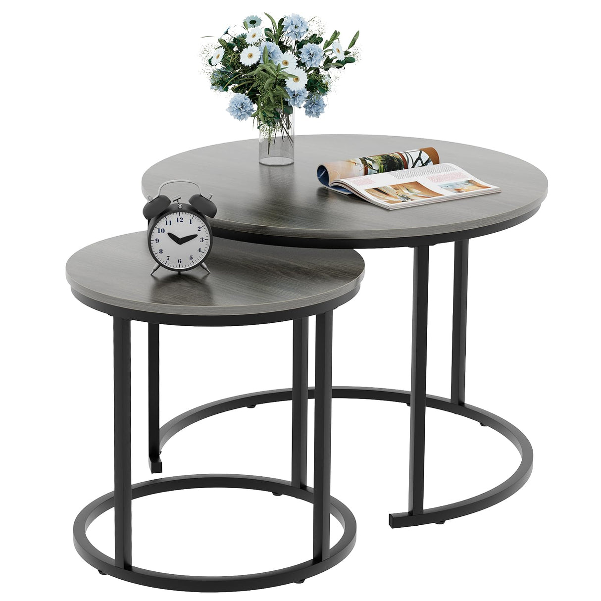VILAWLENCE Nesting Coffee Table Set of 2, Modern Round Side Table End Tables for Living Room Bedroom Balcony,Grey Wooden Stacking Accent Coffee Tables with Metal Frame VILAWLENCE