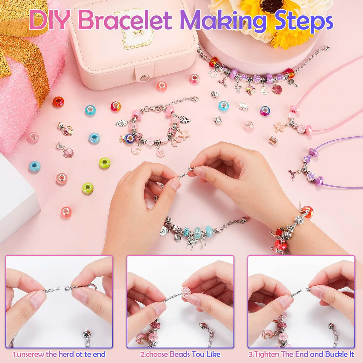 Girls Charm Bracelet Making Kit with Jewelry Box for Kids Charm Beads for Jewelry Making DIY Bracelet Craft Kit for Girls Age 8-12 Birthday Gifts Valentine Christmas Billbotk