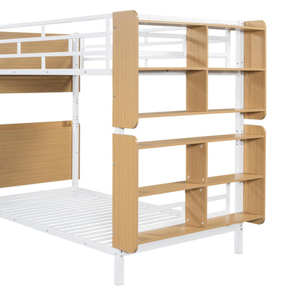 Harper & Bright Designs Twin Over Twin Bunk Bed with Storage, Metal Bunk Bed Frame with Bookshelves and Full-Length Guardrail, for Kids Teens Adults - White