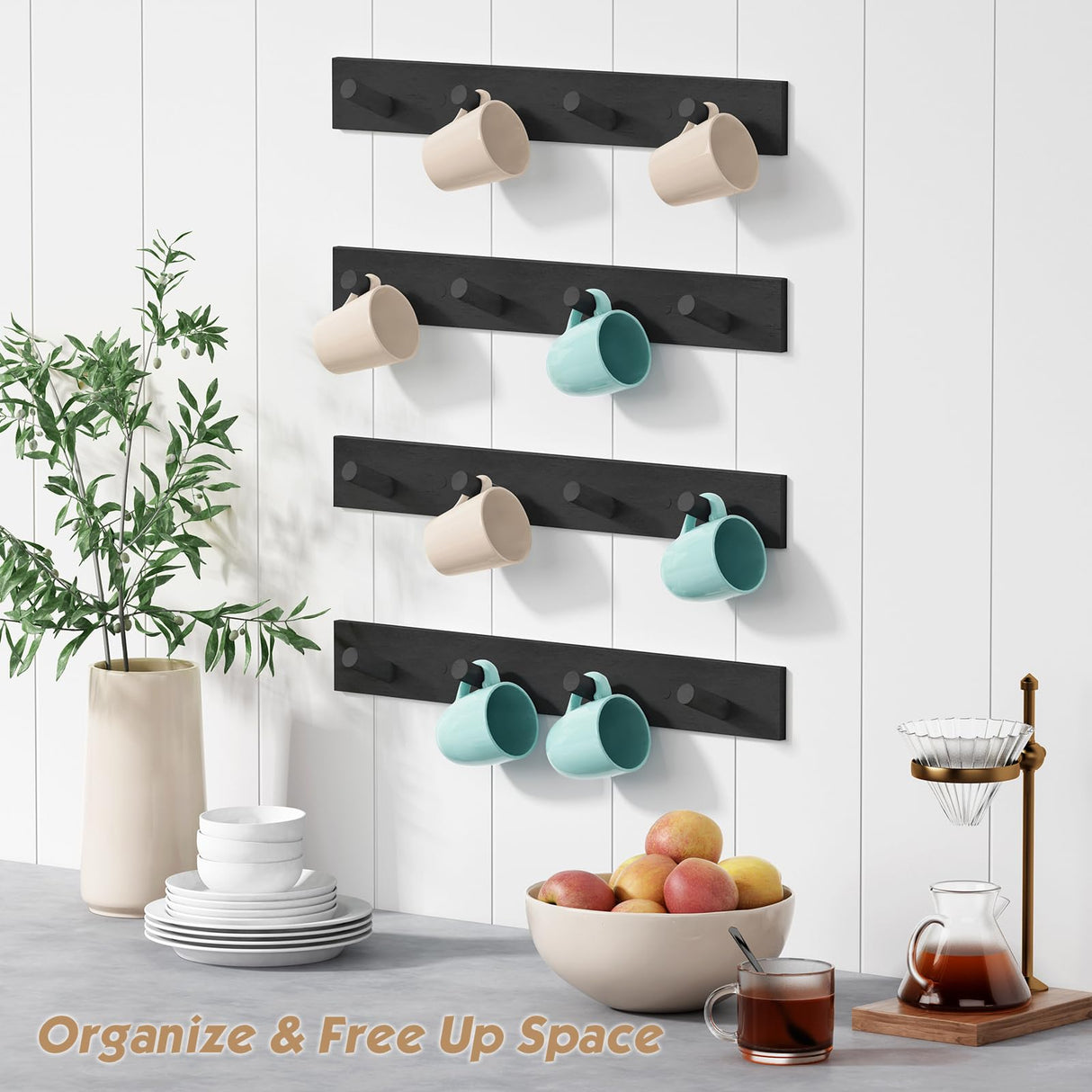 Forbena Black Coat Rack Wall Mount 4-Pack, Rustic Farmhouse Coat Hooks for Wall, Vertical Hanging Hat Rack for Office, Bedroom, Closet, Small Spaces, Kids Room Clothes, Entryway Shoes - 16 Pegs Forbena