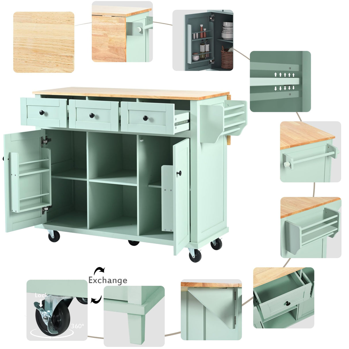 Merax Kitchen Cart Island with Drop-Leaf Countertop on 5 Wheels, Cabinet Door Internal Storage Racks for Dinning Room, Mint Green Merax