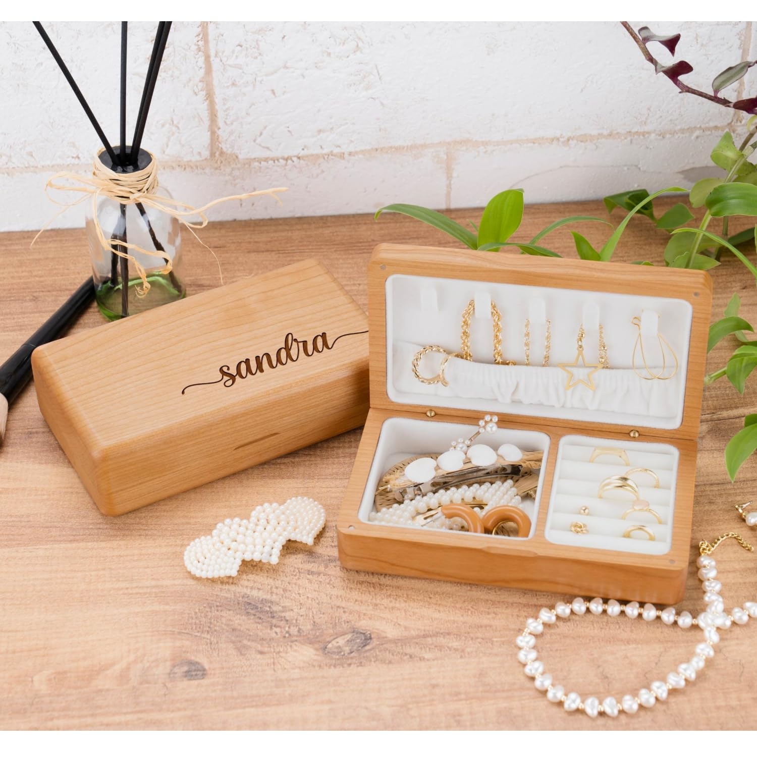 BOWIPOR Personalized Gifts for Women, Custom Jewelry Box Wooden with Birth Flower Name, Birthday Gifts, Wedding Gift for Bridesmaids, Mom Gifts for - WoodArtSupply