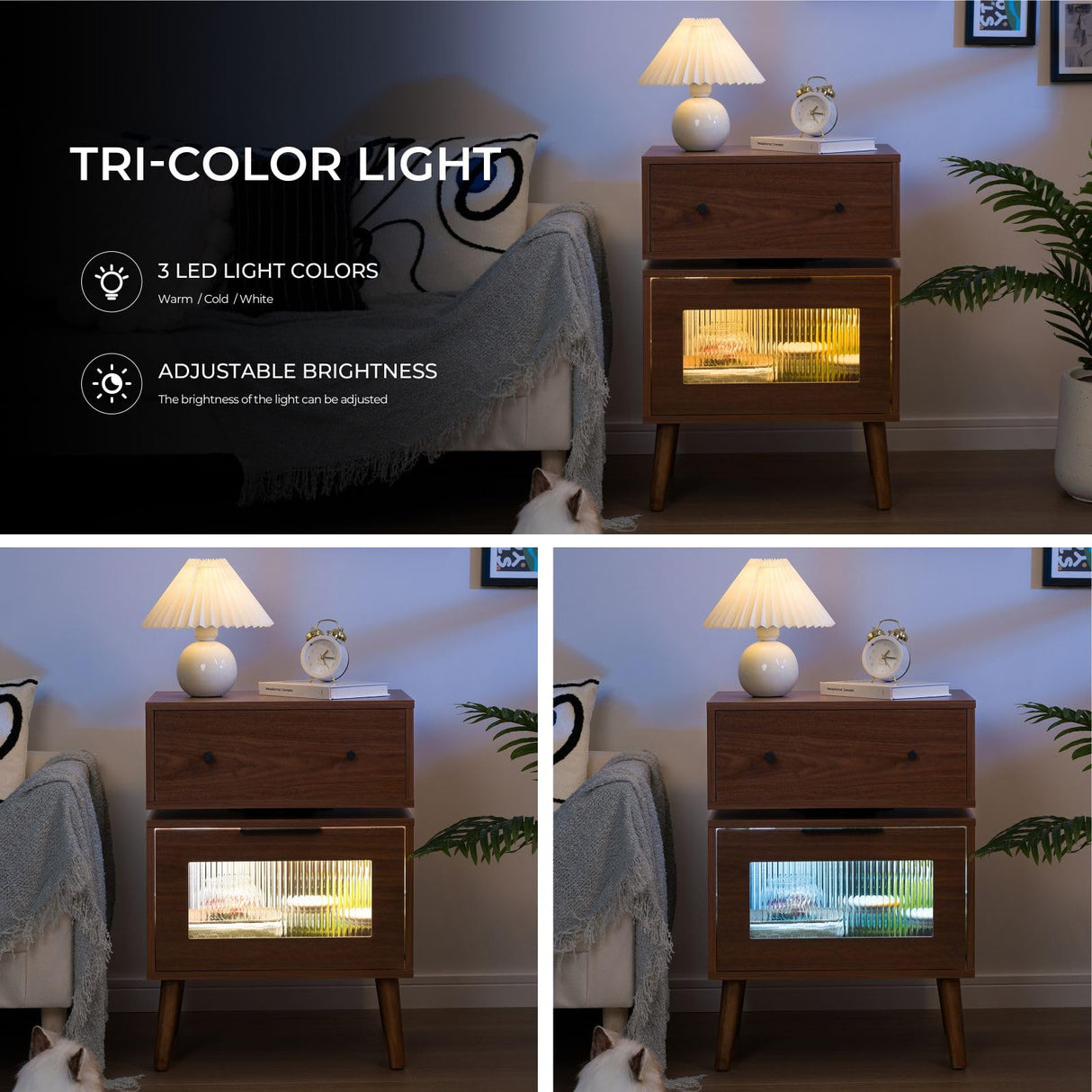 Cubehom LED End Table with Glass Top LED Side Table with Wooden Legs Modern Bedside Table with Drawers for Bedroom Living Room Cubehom