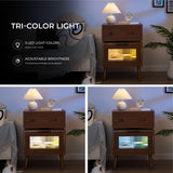 Cubehom LED End Table with Glass Top LED Side Table with Wooden Legs Modern Bedside Table with Drawers for Bedroom Living Room Cubehom