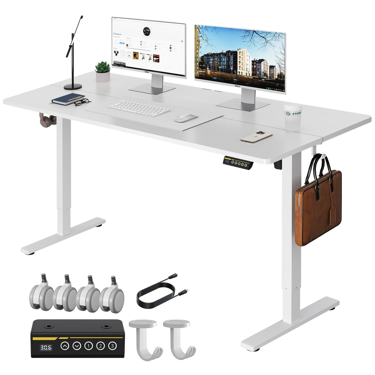 Gamork 63"x28" Large Electric Standing Desk Adjustable Height Stand Up Desk with Lockable Wheels 27.6" Deep Ergonomic Sit Stand Desk for Home Office Work Computer Desk Workstation Gamork