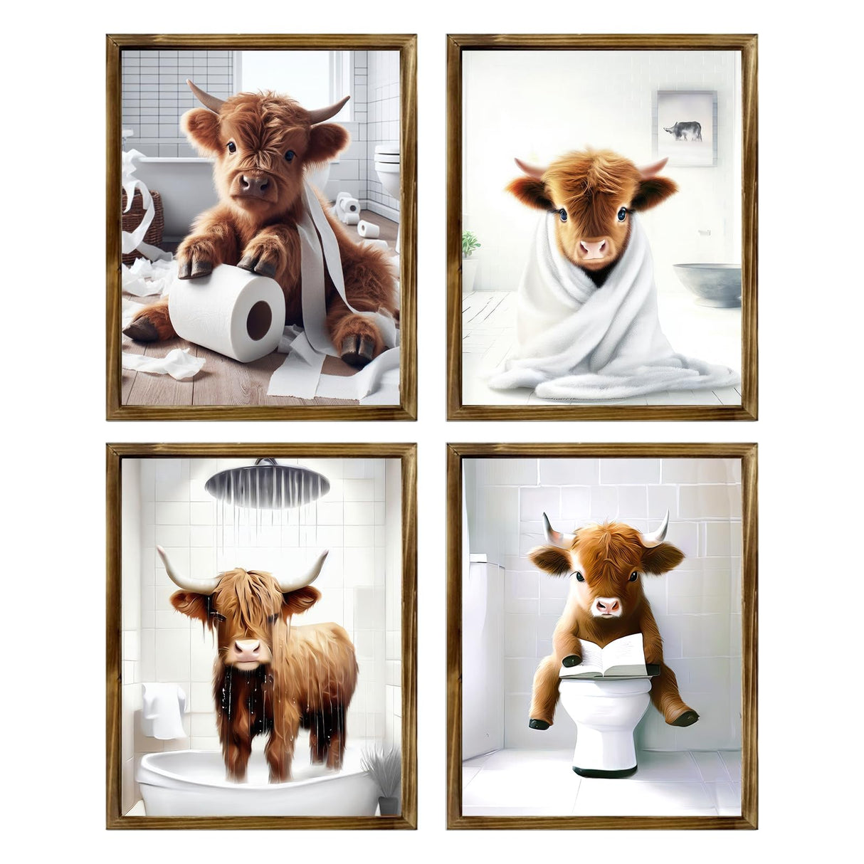 TWNSLLA Highland Cow Funny Bathroom Decor Wall Art,Bathroom Highland Cow Art Prints,Rustic Farmhouse Bathroom Wall Decor,Funny Bathroom Signs Animal Canvas Wall Art,UNFRAMED,8x10inchx4pcs TWNSLLA
