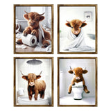 TWNSLLA Highland Cow Funny Bathroom Decor Wall Art,Bathroom Highland Cow Art Prints,Rustic Farmhouse Bathroom Wall Decor,Funny Bathroom Signs Animal Canvas Wall Art,UNFRAMED,8x10inchx4pcs TWNSLLA