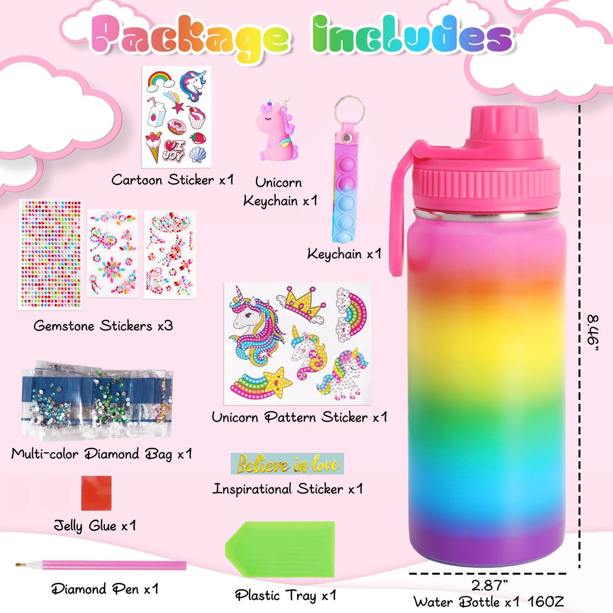 Wninbu Decorate Your Own Water Bottle Kits for Girls,Stainless Steel Unicorn Water Bottle Girls,Arts and Crafts Ages 4-6-8-10,Gem Art Unicorn Toys Gifts Birthday Christmas Stocking Stuffers (Unicorn) Wninbu