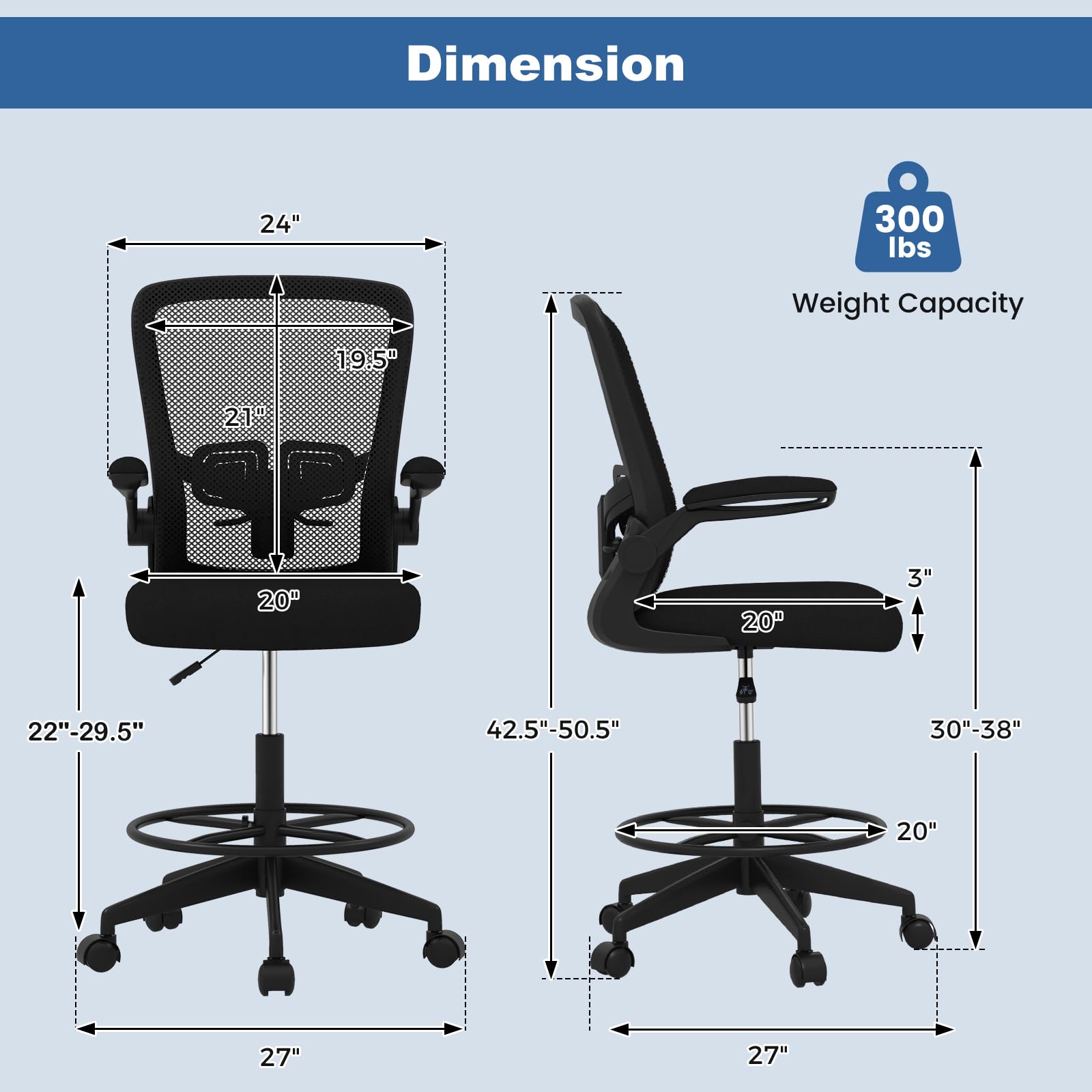 POWERSTONE Drafting Chair, Ergonomic Tall Office Chair Stool Standing Desk Chair with High Back and Flip-up Armrests Adjustable Rolling Workbench Stool with Footrest (Black 1 pcs) - WoodArtSupply