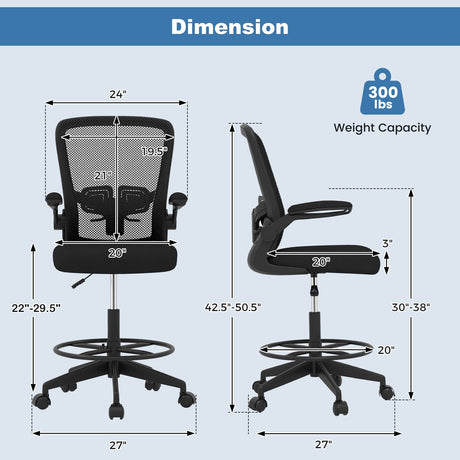 POWERSTONE Drafting Chair, Ergonomic Tall Office Chair Stool Standing Desk Chair with High Back and Flip-up Armrests Adjustable Rolling Workbench Stool with Footrest (Black 1 pcs) POWERSTONE