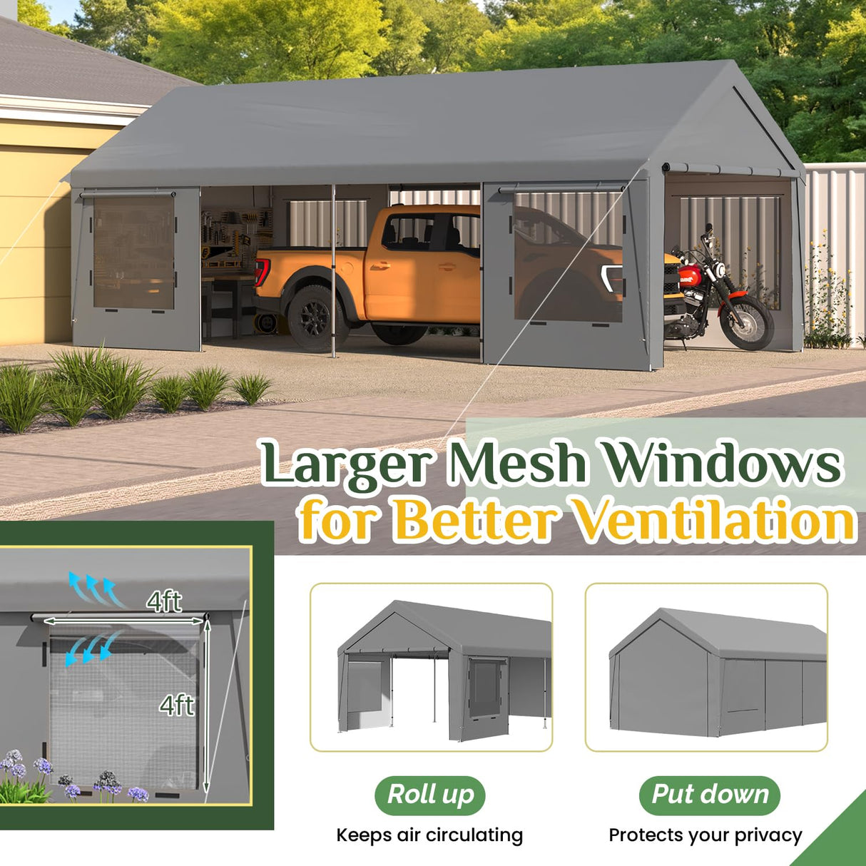 EROMMY 12' x 24' Heavy Duty Carport，Portable Garage with UV Protection & Steel Frame, Car Port with Removable Sidewalls, All-Season Car Canopy for Tractor, Truck, Boat, Outer Gray and Inner White EROMMY