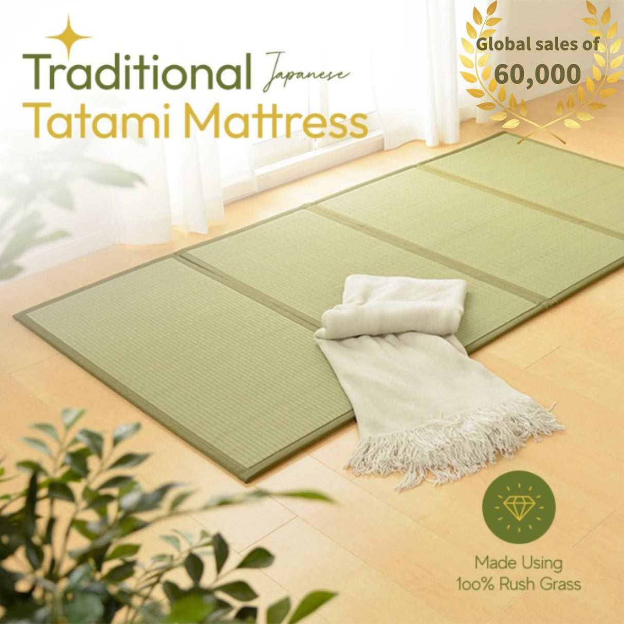MIINA Japanese Traditional Tatami Mattress, Igusa (Rush Grass) Tatami Mat, Floor Mattress, Japanese Floor Mattress,Japanese Futon, 61"x78" (Queen, Natural) MIINA