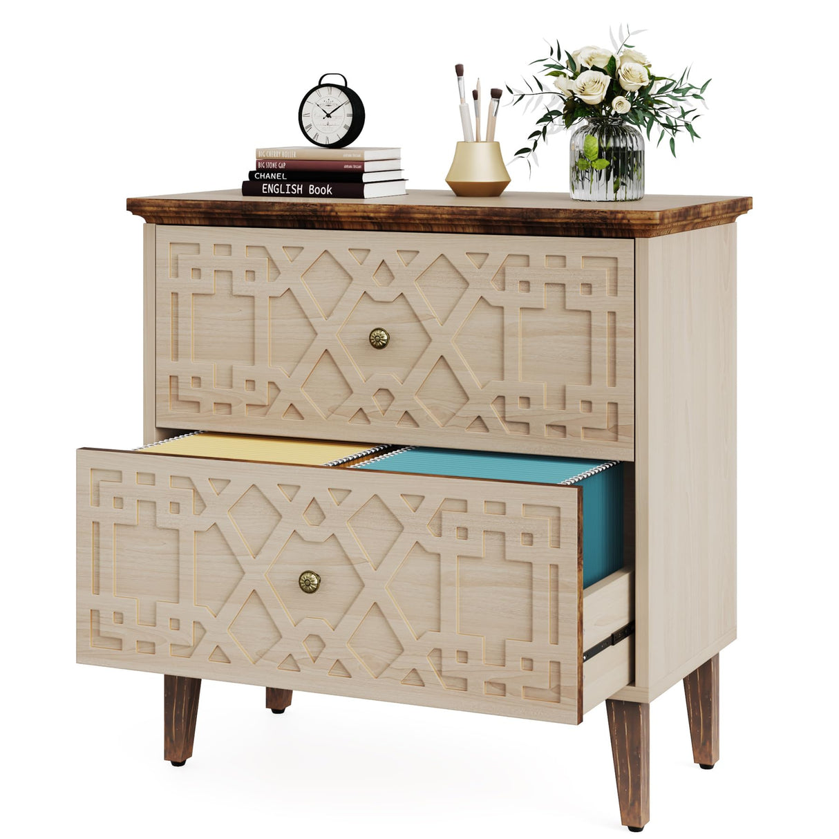 Tribesigns 2 Drawer Lateral File Cabinet, Office Filing Cabinet for A4 / Letter Size/Legal Size Files, Wood Storage Cabinet Printer Stand for Home Office, Living Room, Beige Tribesigns