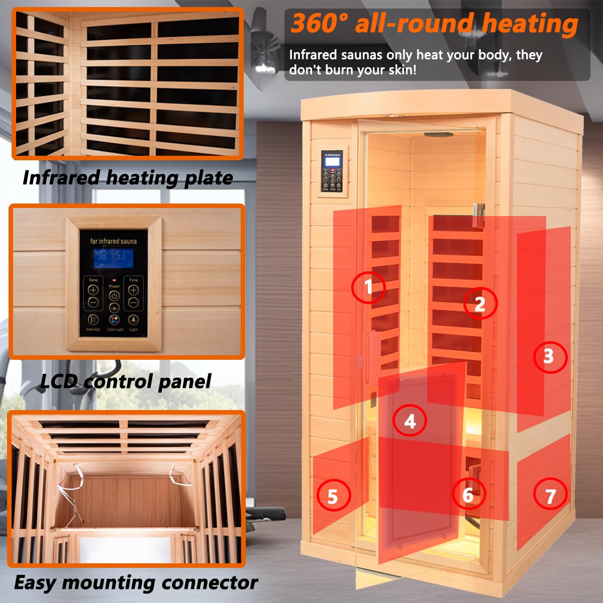 LTCCDSS 1 Person Low EMF Infrared Sauna, Hemlock Wooden Far Infrared Sauna for Home, 1460W with Bluetooth Speakers, LED Reading Lamp and Chromotherapy Lamp Indoor Sauna Room - WoodArtSupply