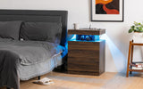 HOMMPA Rustic Brown Nightstand with Wireless Charging Station Walnut Wood LED Bedside Table with 3 Drawers End Table Smart Nightstand USB with Led Light Tall Night Stand with Open Shelf for Bedroom HOMMPA