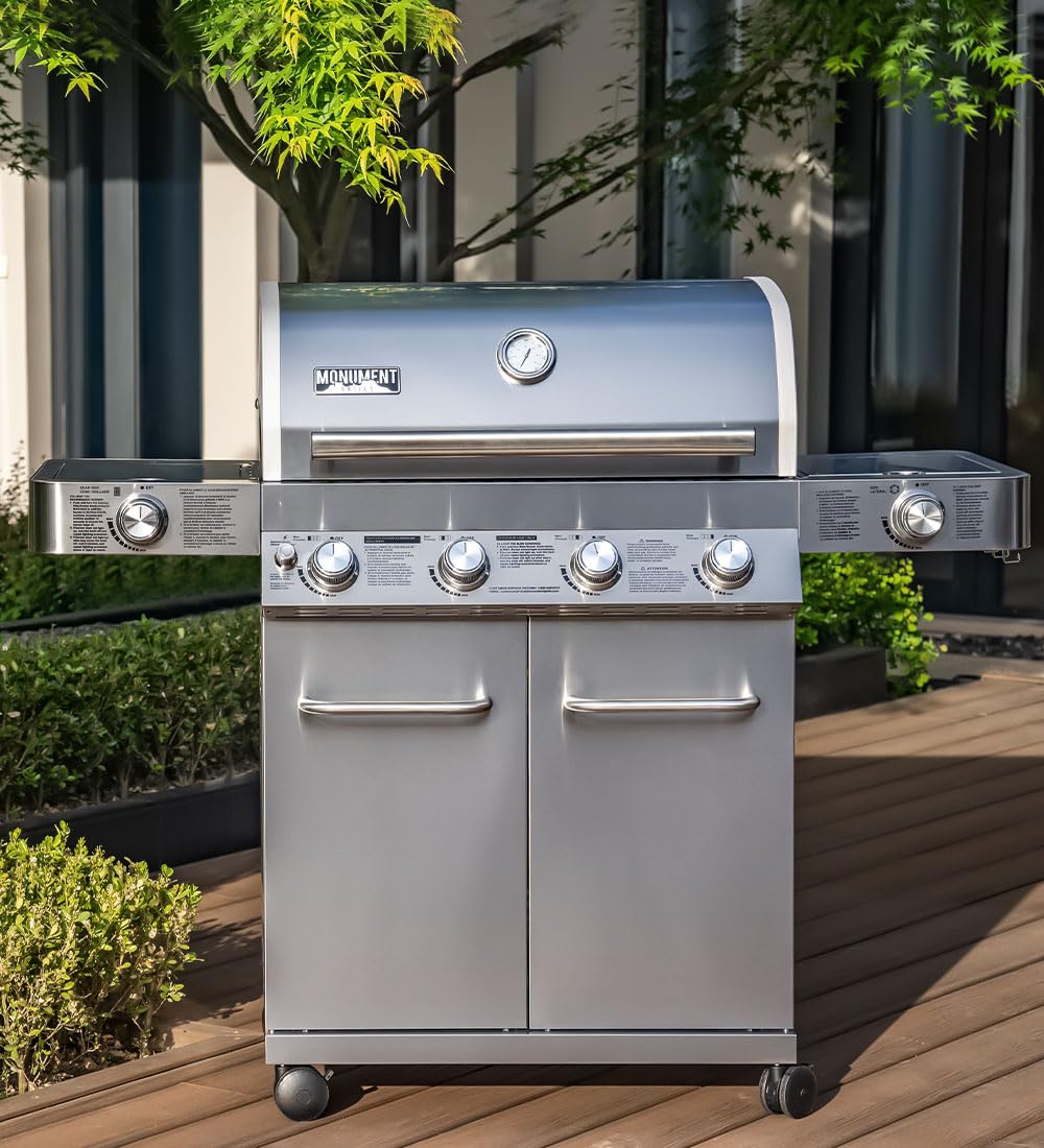 Monument Grills Larger 4-Burner Propane Gas Grills Stainless Steel Cabinet Style with Side & Side Sear Burners, Built-In Thermometer, and Knob Controls Monument Grills