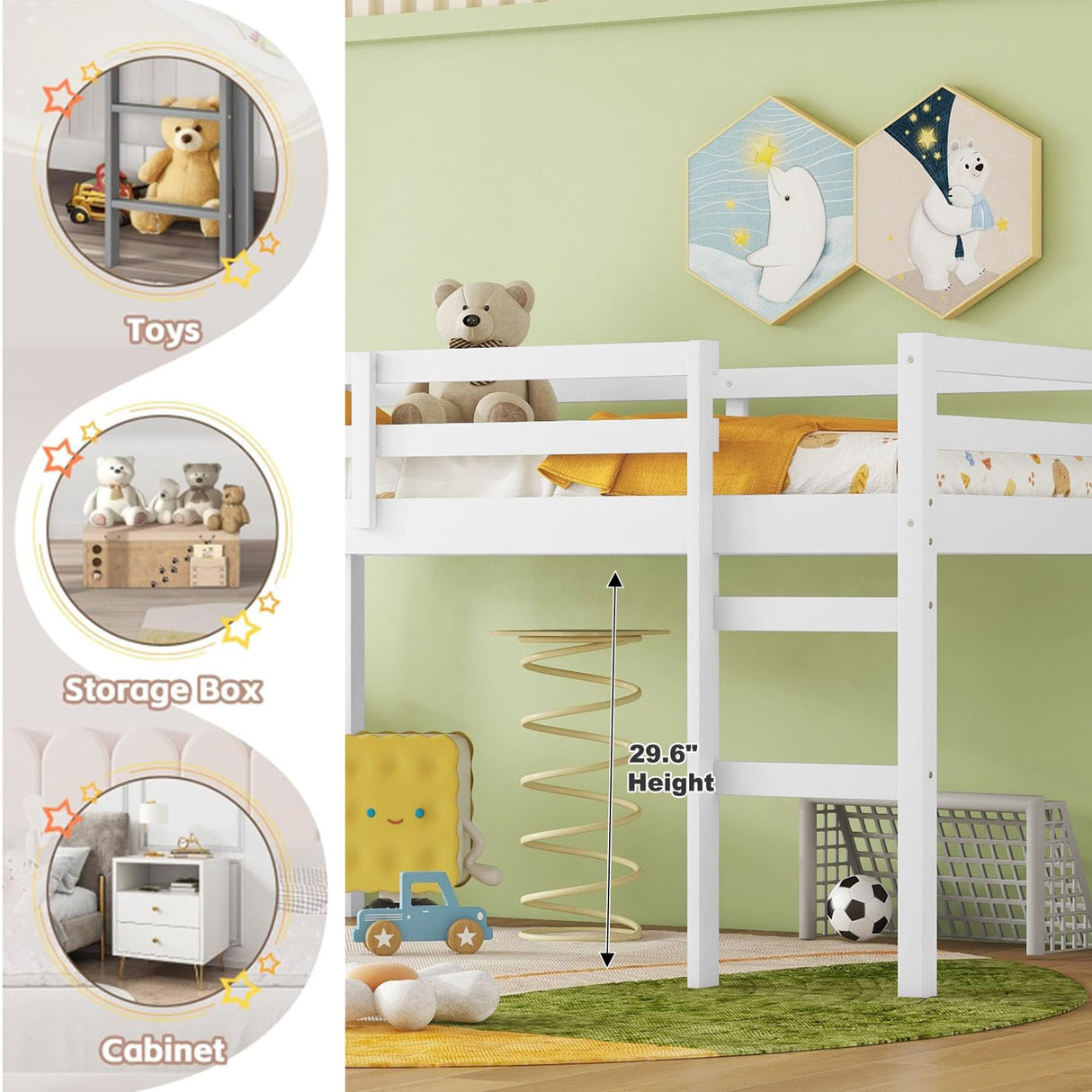 Anwick Twin Low Loft Bed with Stairs and High Guardrail, Wood Junior Loft Bed Frame for Kids Toddler, Space Saving, No Box Spring Needed (White) Anwick