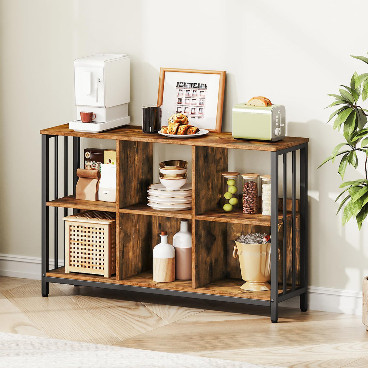 HOOBRO 6 Cube Bookcase, Industrial Horizontal Bookshelf, Wooden and Metal Cubby Bookcase, Long Shelving Unit for Living Room, Bedroom, Home Office, Rustic Brown and Black BF117SJ01 HOOBRO