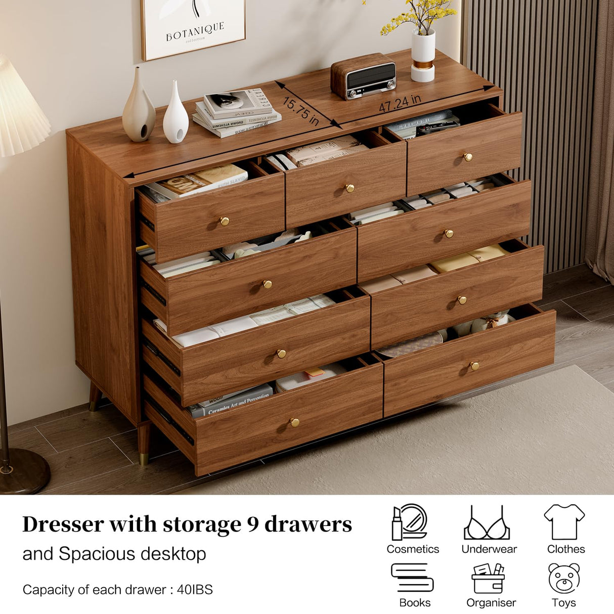 Chrangmay 9 Drawers Dresser for Bedroom,35.4" Tall Wood Rustic Modern Chest of Drawers with Natural Texture,with Anti-Tipping Device, Storage Dressers Organizer for Bedroom, Living Room,Chestnut Chrangmay