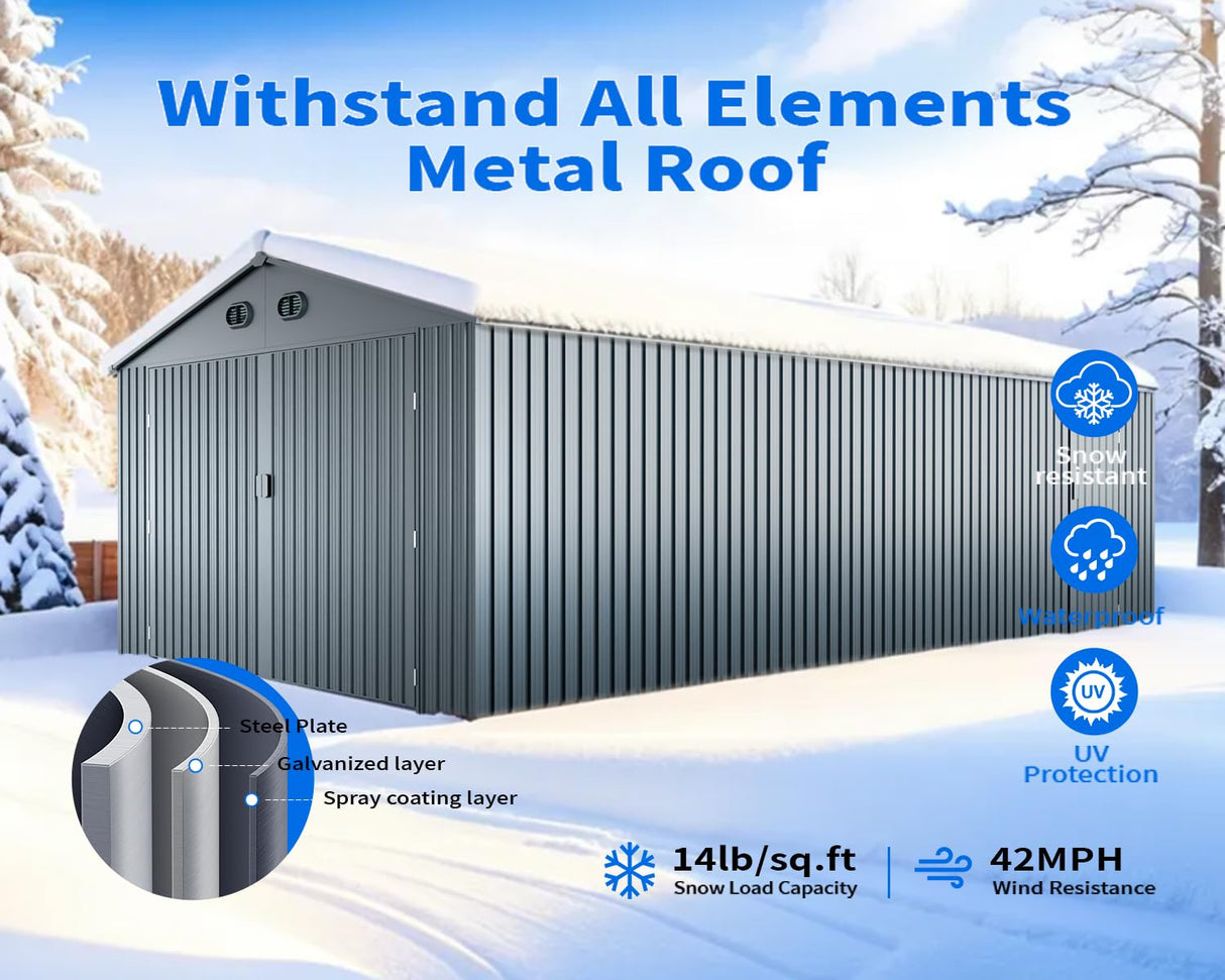 10x20 FT Outdoor Storage Shed, Metal Garage Shed with 2 Lockable Doors, Large Metal Building with 4 Air Vents, Galvanized Steel Prefab Garage Sheds for Car, Truck, Tool, Dark Gray ANTSKU