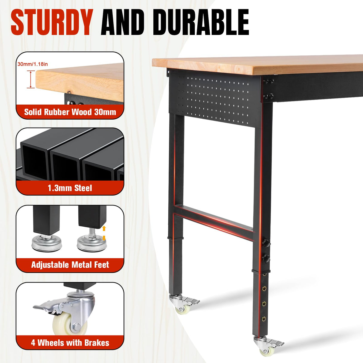 MUWOOD 48" L×24”W Adjustable Workbench with Wheels, 28”-40”Height Heavy Duty Table 2000 LBS Load Capacity, Work Bench with Power Outlet & Pegboard, Rubber Wood Work Table for Garage, Office, Workshop MUWOOD