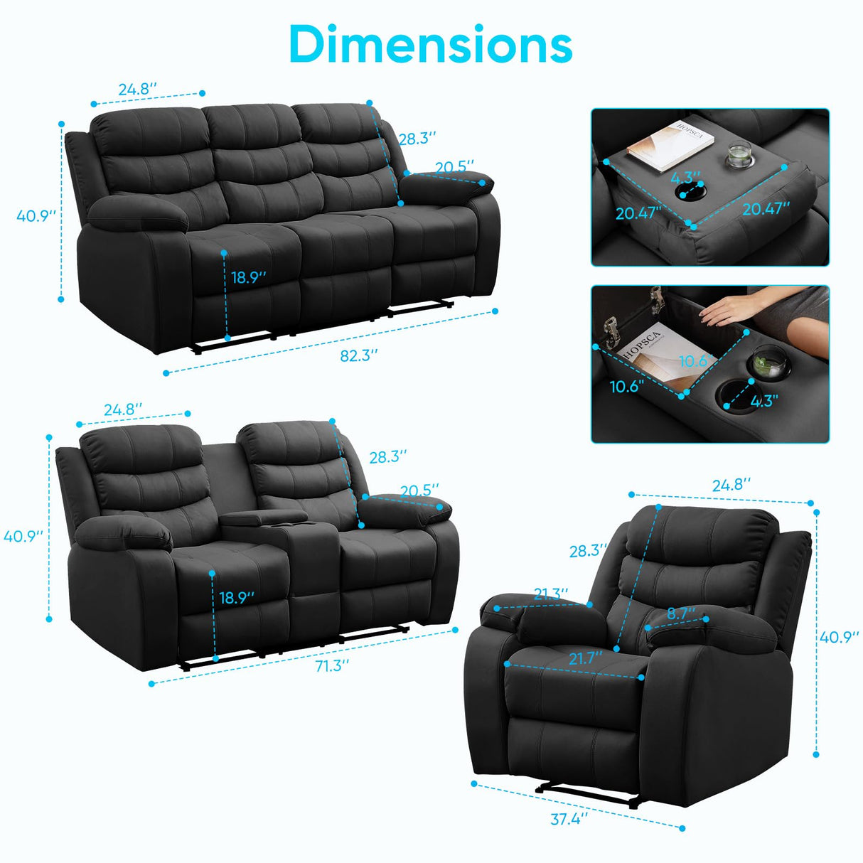 Mjkone Recliner Home Theater Seating, 3 Seater Reclining Couch Sofa & Loveseat & Chair Sets, 6 Seat Manual Control Reclining Living Room Set, Double Love Seat Recliner Sofa Couch Set, Dark Grey Mjkone