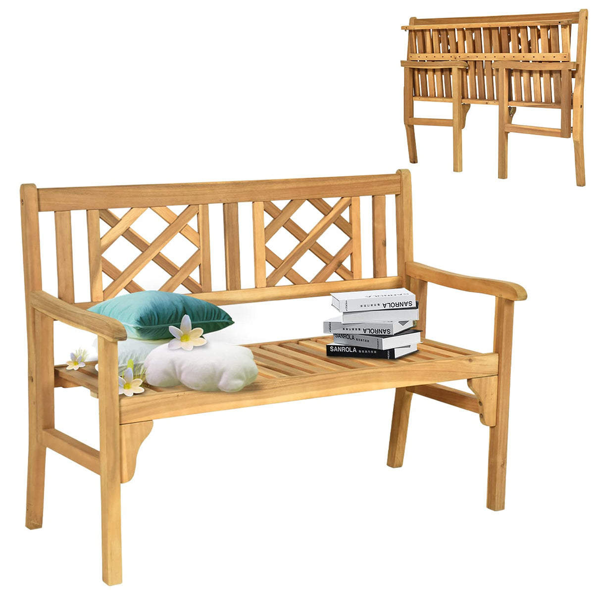 Tangkula Teak Folding Acacia Wood Garden Bench for 2 – Space-Saving, Ergonomic Design with Stylish Lattice Backrest Tangkula