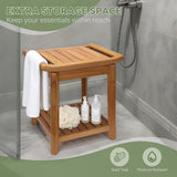 17" Teak Shower Chair with Storage Shelf & Handle, Non-Slip Waterproof Wooden Shower Bench, Stable Bathroom Seat and Heavy Duty Shower Stool for Tub or Indoor Use, Ideal for Elderly, Recovery ACTESE