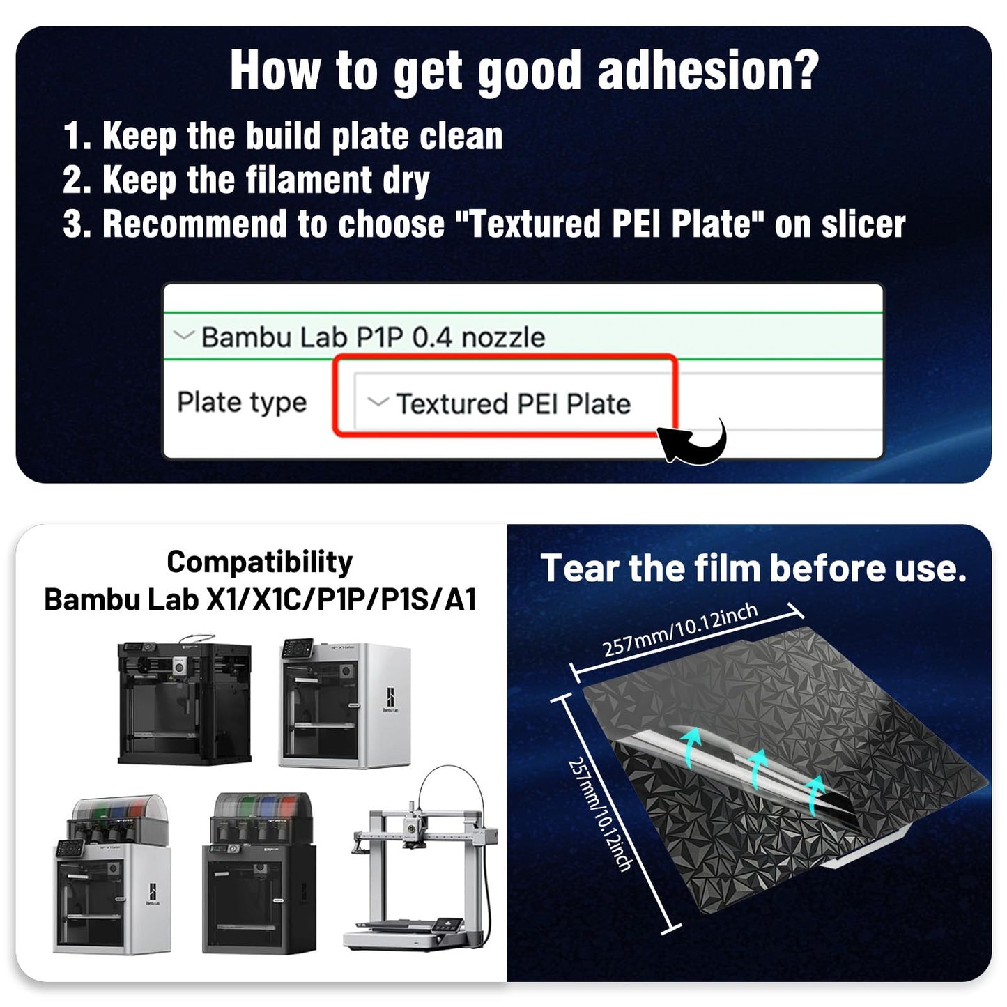 JUUPINE 3D Printer PEO PET Build Plate for Bambu Lab X1/X1C/X1E/P1P/P1S/A1 3D Printer,Diamond PEO+Carbon Fiber PET Surface 257x257mm Spring Steel Plate,Double Sided Flexible Sheet Removable P - WoodArtSupply