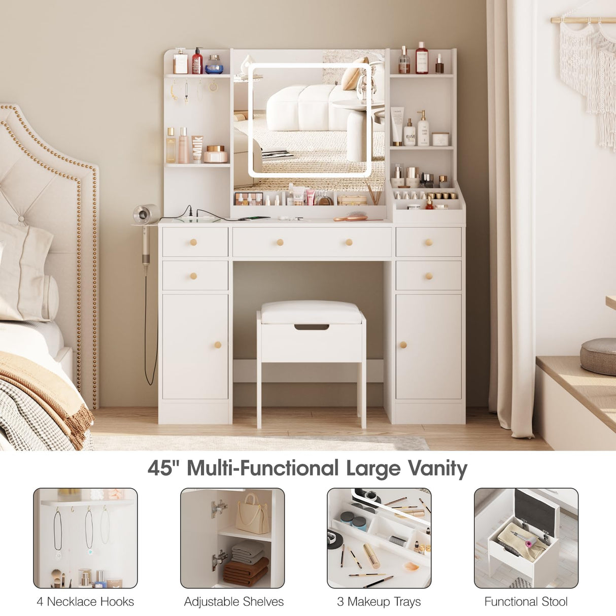 Vabches Vanity Desk with Lights, Makeup Vanity Table with Charging Station, 44.9in Big Vanity Set with 5 Drawers & Lots Storage Space, White Vabches
