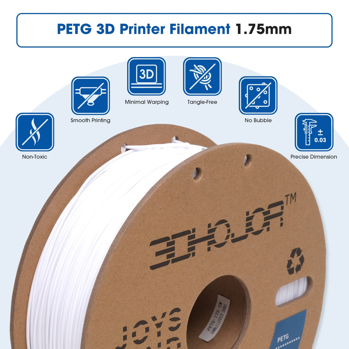 3DHoJor PETG Filament 1.75mm White, 3D Printing Filament 1kg Spool(2.2lbs), 3D Filament 1.75mm Dimensional Accuracy +/- 0.03mm Non Tangling Non Clogging Non Stringing,Print with Most 3D Printers 3DHoJor