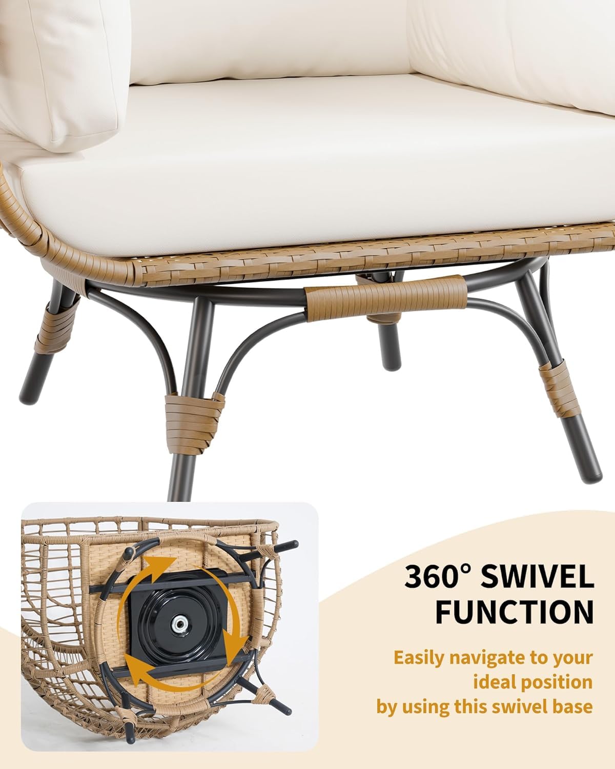 FinerFurnis Outdoor 360° Swivel Egg Chair - Oversized Egg-Shaped Lounge Chair, Steel Frame, 4 Thick Cushions, Patio Rotating Wicker Egg Basket, Indoor Outdoor Porch Living Room, Beige FinerFurnis
