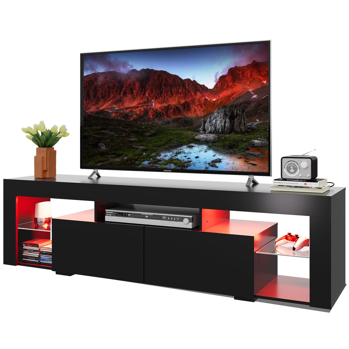 WLIVE 63 Inch TV Stand, LED Entertainment Center for 60 to 70 Inch TV, Modern TV Console with 2 Drawers, TV Stands for Living Room, Black WLIVE