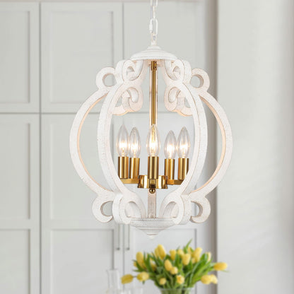 LWYTJO Farmhouse Wood Chandelier, 5 Lights Antique White & Gold Chandeliers for Dining Room, Rustic Hanging Lighting Pendant Light Fixture for Living Room Bedroom Hallway Foyer Entryway