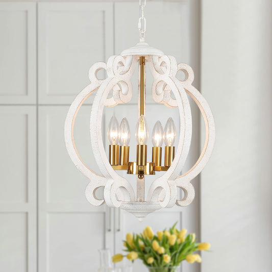 LWYTJO Farmhouse Wood Chandelier, 5 Lights Antique White & Gold Chandeliers for Dining Room, Rustic Hanging Lighting Pendant Light Fixture for Living Room Bedroom Hallway Foyer Entryway