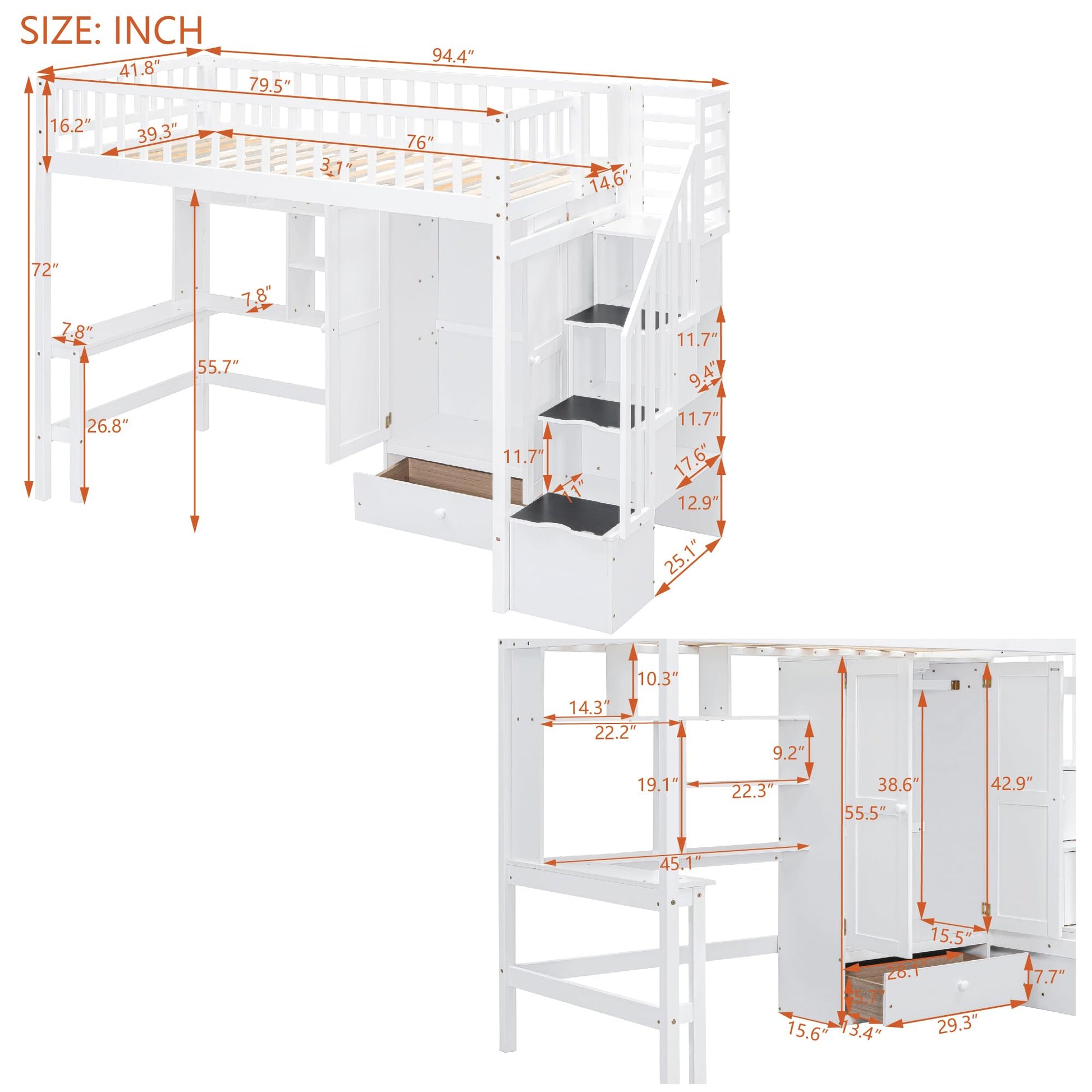 Twin Loft Bed with Desk, Bookshelf, Storage & Stairs by Harper & Bright Designs - Solid Wood in White - WoodArtSupply