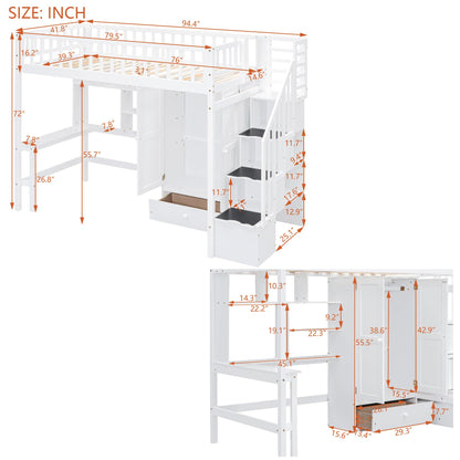 Twin Loft Bed with Desk, Bookshelf, Storage & Stairs by Harper & Bright Designs - Solid Wood in White - WoodArtSupply