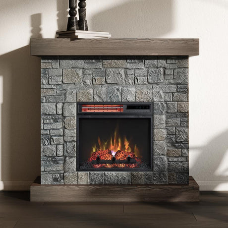 Modern Ember Raeford 40 Inch Wood Fireplace Mantel with Stone Brick Surround and 18" Electric Fireplace Insert | 40" L x 40" H x 11.5" D Modern Ember