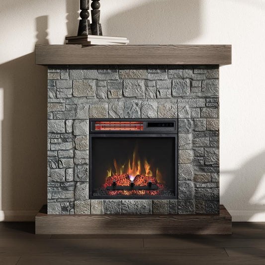 Modern Ember Raeford 40 Inch Wood Fireplace Mantel with Stone Brick Surround and 18" Electric Fireplace Insert | 40" L x 40" H x 11.5" D