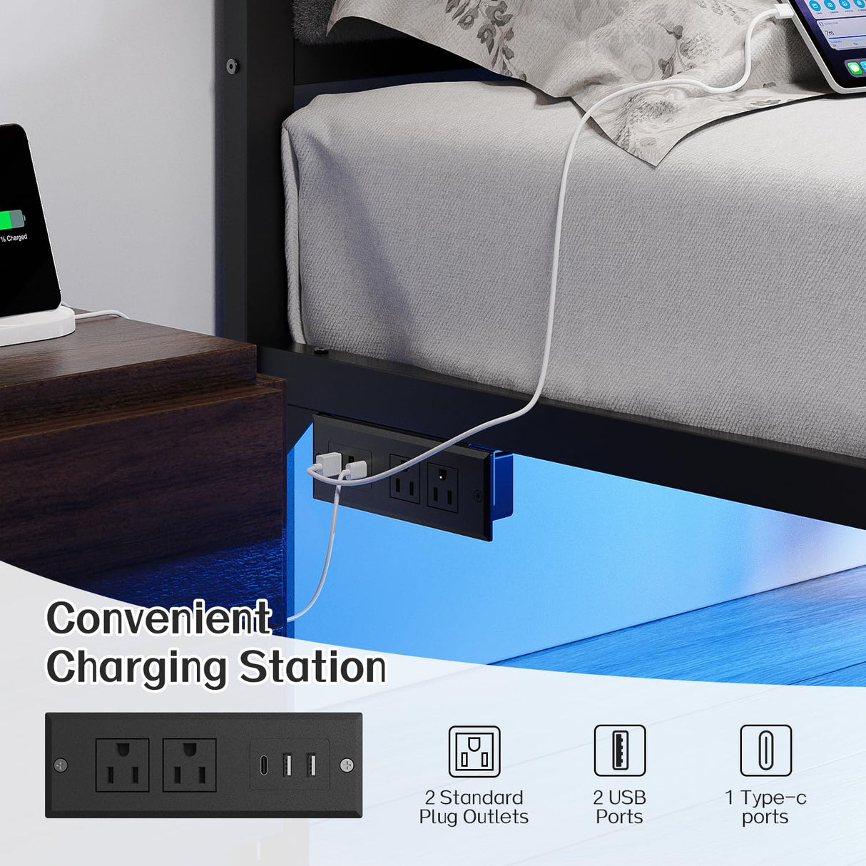 OLEVS Queen Bed Frame with Headboard Metal Platform Bed Queen Size with USB Charging Station and LED Lights, No Box Spring Needed OLEVS